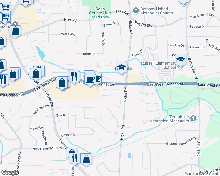 map of restaurants, bars, coffee shops, grocery stores, and more near 909 Peel Castle Lane in Austell