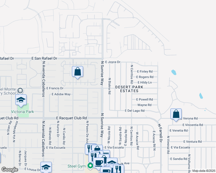 map of restaurants, bars, coffee shops, grocery stores, and more near 2901 North Biskra Road in Palm Springs