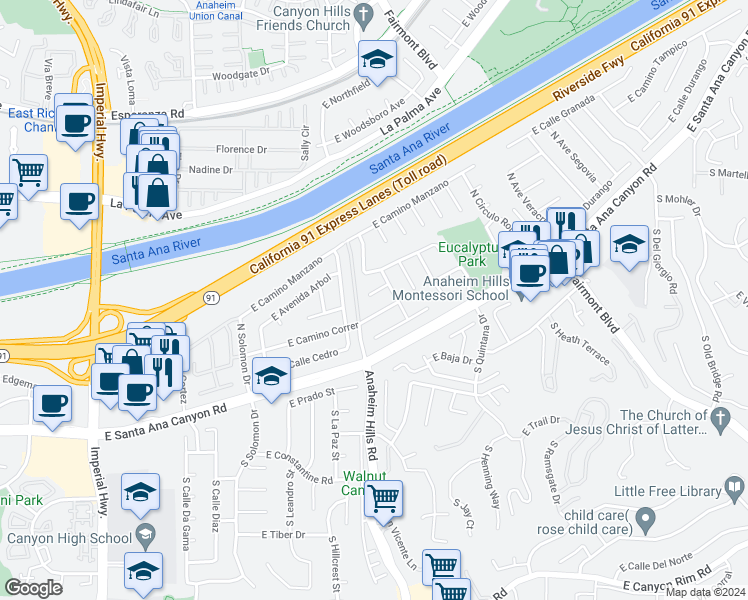 map of restaurants, bars, coffee shops, grocery stores, and more near 6116 East Paseo Rio Azul in Anaheim