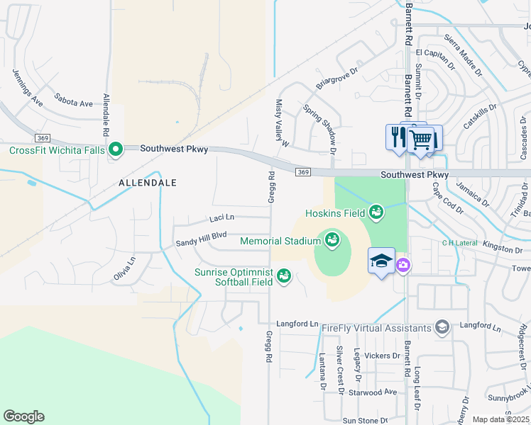 map of restaurants, bars, coffee shops, grocery stores, and more near 6000 Laci Lane in Wichita Falls