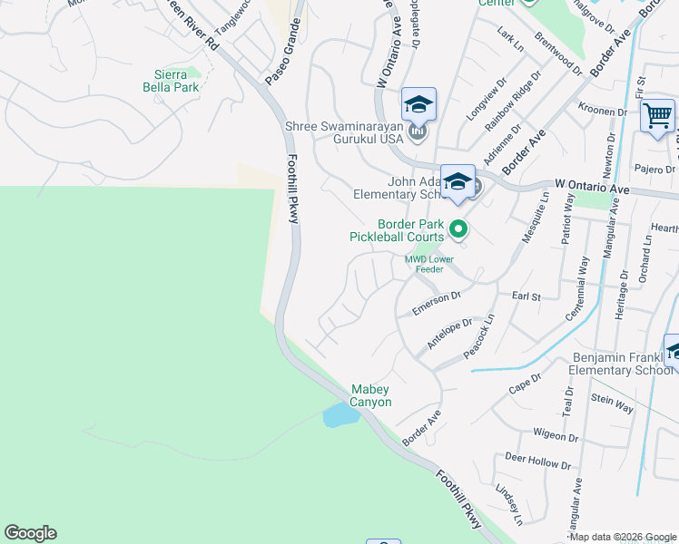 map of restaurants, bars, coffee shops, grocery stores, and more near 2588 Avenida Del Vista in Corona