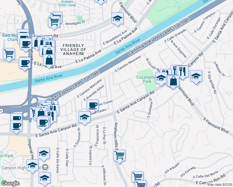 map of restaurants, bars, coffee shops, grocery stores, and more near 6116 East Paseo Rio Azul in Anaheim