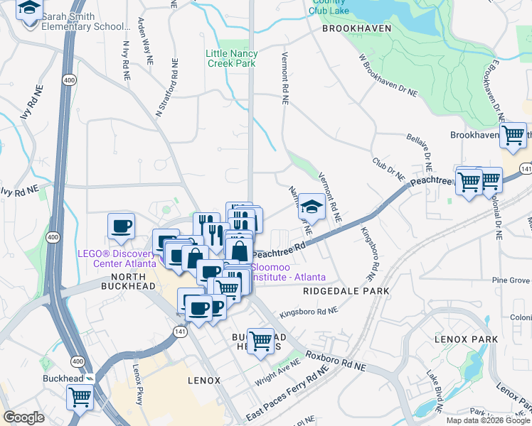 map of restaurants, bars, coffee shops, grocery stores, and more near 3735 Peachtree Dunwoody Road in Atlanta