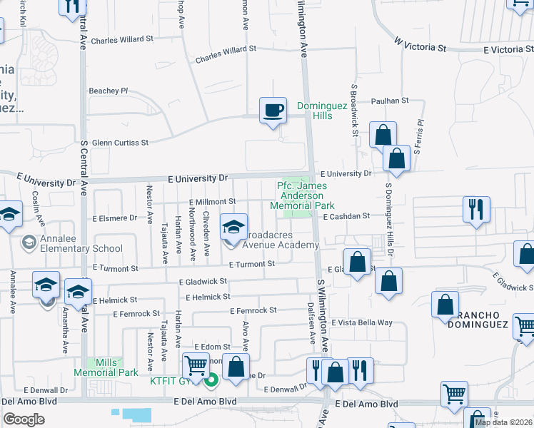 map of restaurants, bars, coffee shops, grocery stores, and more near 19222 Gunlock Avenue in Carson