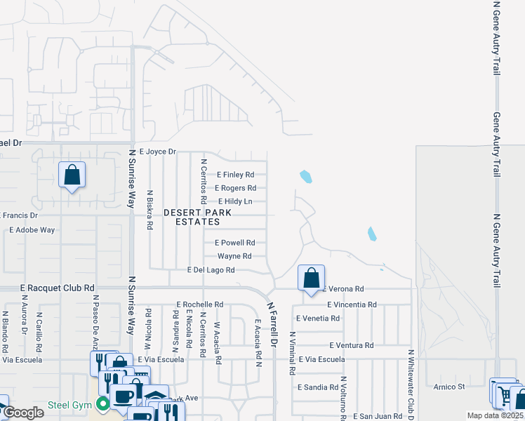 map of restaurants, bars, coffee shops, grocery stores, and more near 2490 East Francis Drive in Palm Springs
