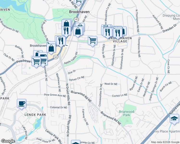 map of restaurants, bars, coffee shops, grocery stores, and more near 1400 Sylvan Circle Northeast in Brookhaven
