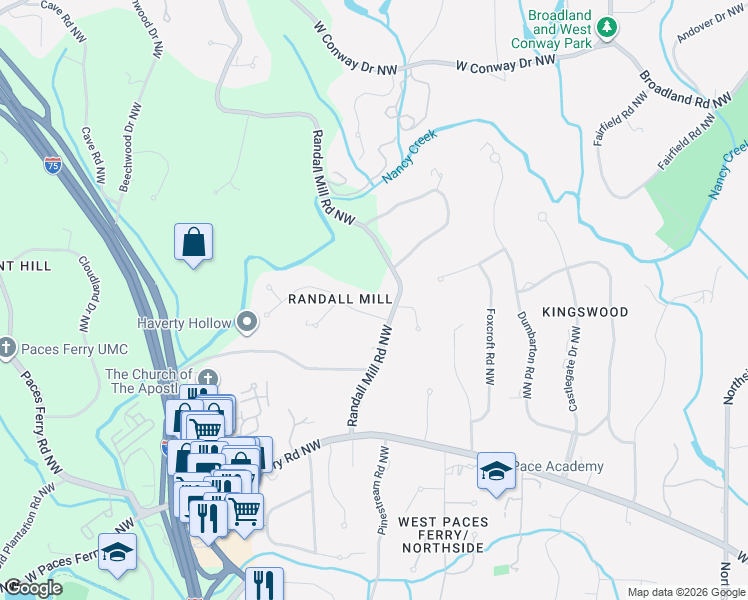 map of restaurants, bars, coffee shops, grocery stores, and more near 1075 Regency Road Northwest in Atlanta