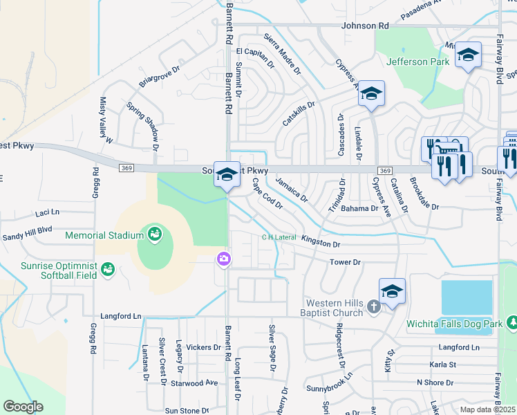 map of restaurants, bars, coffee shops, grocery stores, and more near 4712 Cape Cod Drive in Wichita Falls