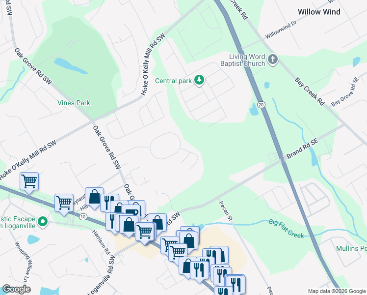 map of restaurants, bars, coffee shops, grocery stores, and more near 205 Shadowbrooke Circle Southwest in Loganville