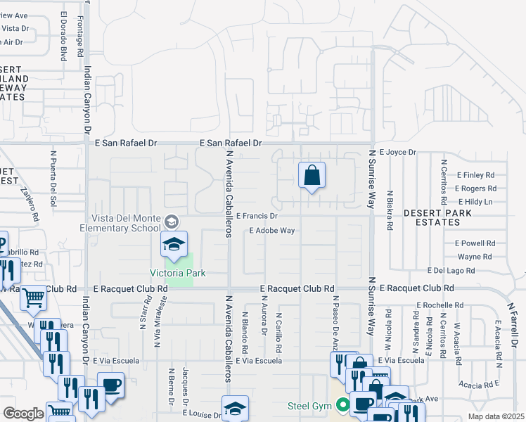 map of restaurants, bars, coffee shops, grocery stores, and more near 1152 East Francis Drive in Palm Springs