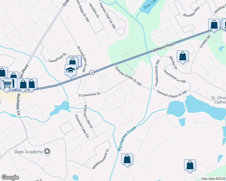 map of restaurants, bars, coffee shops, grocery stores, and more near 1635 Summit View Way in Snellville