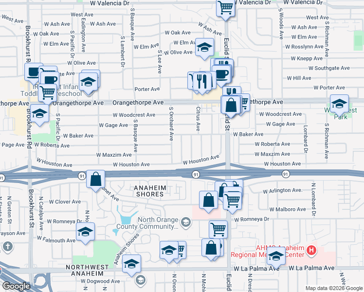 map of restaurants, bars, coffee shops, grocery stores, and more near 1501 South Royer Avenue in Fullerton