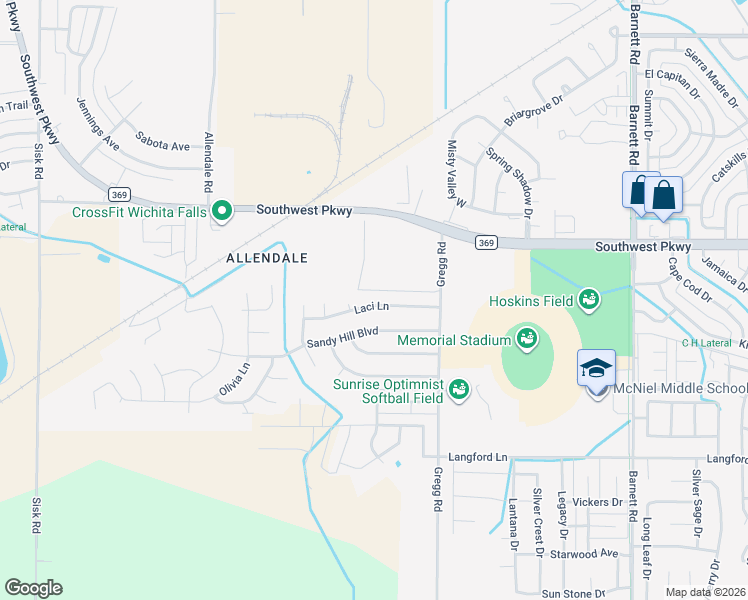 map of restaurants, bars, coffee shops, grocery stores, and more near 6028 Laci Lane in Wichita Falls