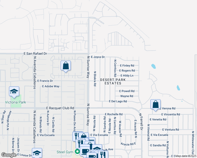 map of restaurants, bars, coffee shops, grocery stores, and more near 1808 East Francis Drive in Palm Springs