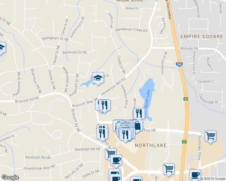 map of restaurants, bars, coffee shops, grocery stores, and more near 2439 Henderson Mill Road in Atlanta