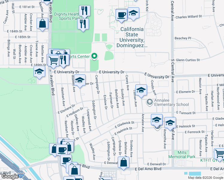 map of restaurants, bars, coffee shops, grocery stores, and more near 19302 Fariman Drive in Carson