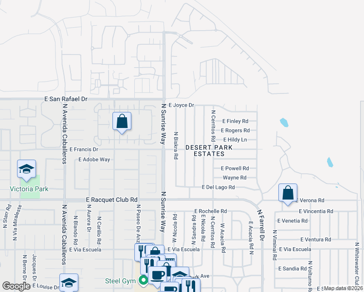 map of restaurants, bars, coffee shops, grocery stores, and more near 2930 North Bahada Road in Palm Springs