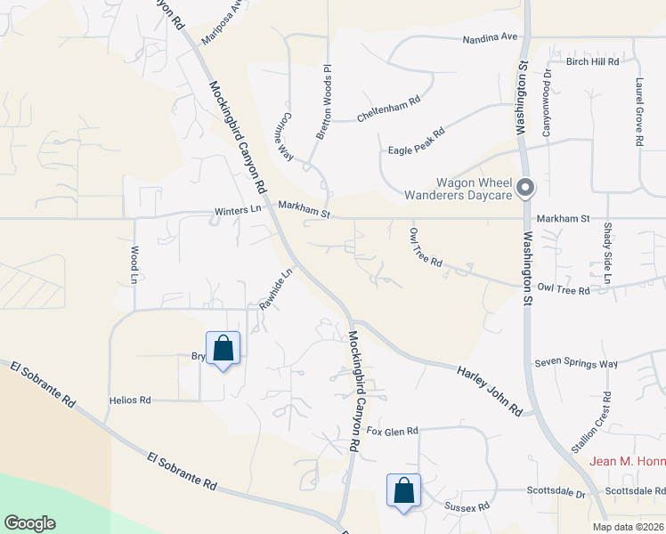 map of restaurants, bars, coffee shops, grocery stores, and more near 18105 Wood Edge Lane in Riverside