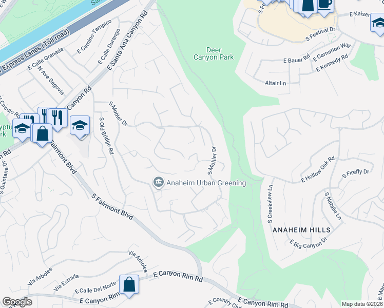 map of restaurants, bars, coffee shops, grocery stores, and more near 375 East Shivom Court in Anaheim