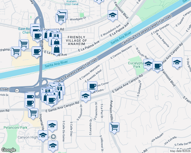 map of restaurants, bars, coffee shops, grocery stores, and more near 6033 East Avenida Arbol in Anaheim