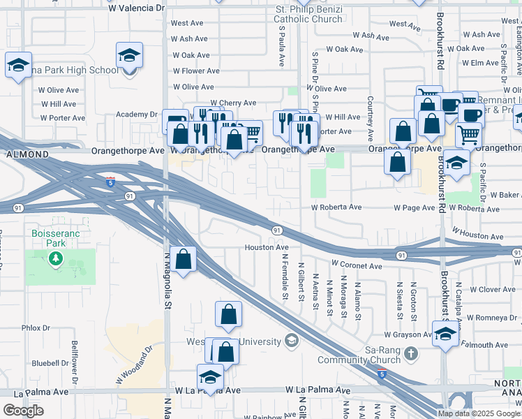 map of restaurants, bars, coffee shops, grocery stores, and more near 1438 South Peckham Street in Fullerton