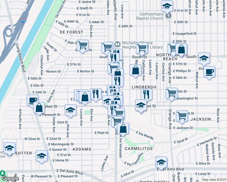 map of restaurants, bars, coffee shops, grocery stores, and more near 5507 Atlantic Avenue in Long Beach