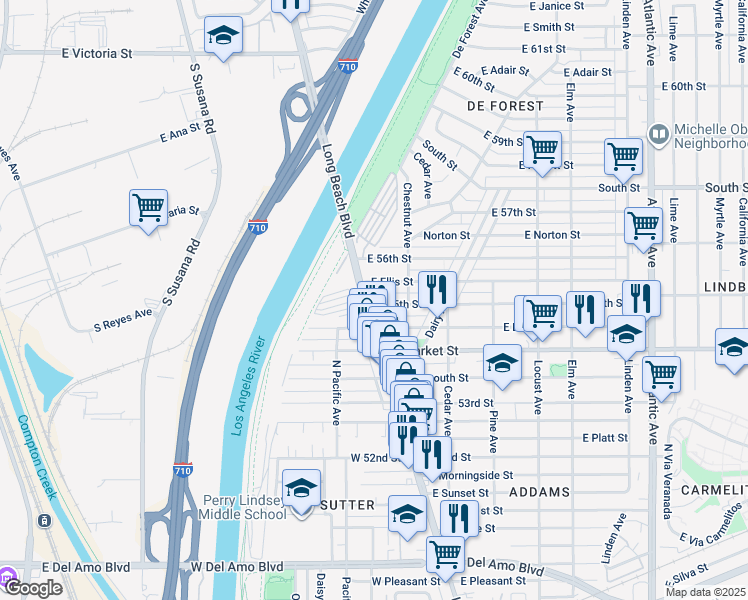 map of restaurants, bars, coffee shops, grocery stores, and more near 5530 Long Beach Boulevard in Long Beach