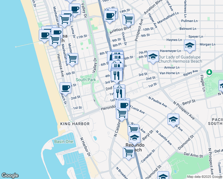 map of restaurants, bars, coffee shops, grocery stores, and more near 655 2nd Street in Hermosa Beach