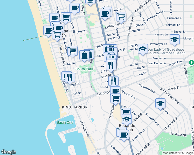 map of restaurants, bars, coffee shops, grocery stores, and more near 539 2nd Street in Hermosa Beach