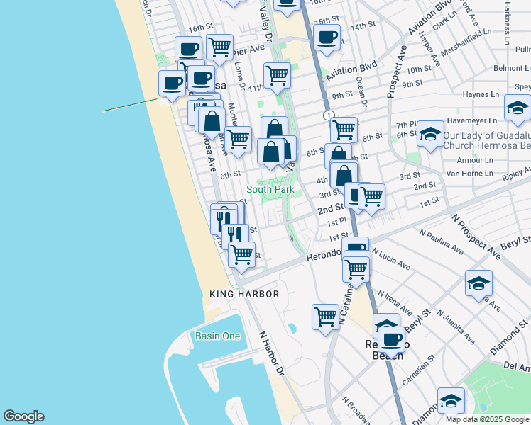 map of restaurants, bars, coffee shops, grocery stores, and more near 402 Monterey Boulevard in Hermosa Beach