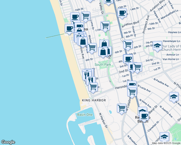 map of restaurants, bars, coffee shops, grocery stores, and more near 109 4th Street in Hermosa Beach