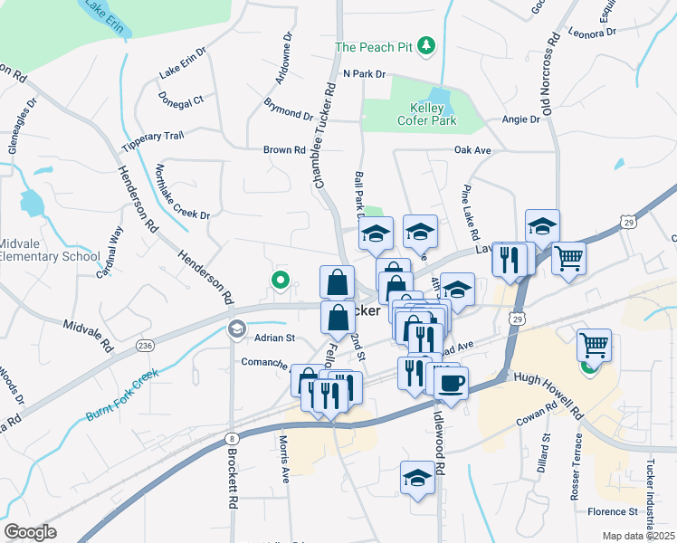 map of restaurants, bars, coffee shops, grocery stores, and more near 5097 Chamblee Tucker Road in Tucker