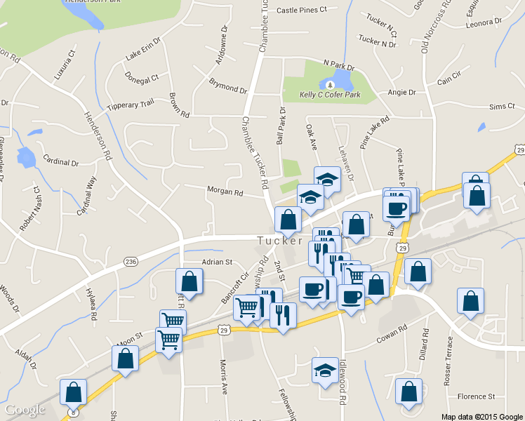 map of restaurants, bars, coffee shops, grocery stores, and more near 5097 Chamblee Tucker Road in Tucker
