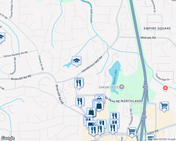 map of restaurants, bars, coffee shops, grocery stores, and more near 2439 Henderson Mill Road in Atlanta
