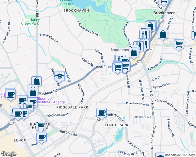 map of restaurants, bars, coffee shops, grocery stores, and more near 3777 Peachtree Road Northeast in Brookhaven