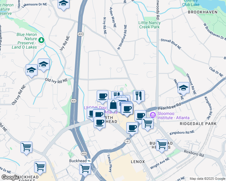map of restaurants, bars, coffee shops, grocery stores, and more near 704 Longleaf Drive Northeast in Atlanta