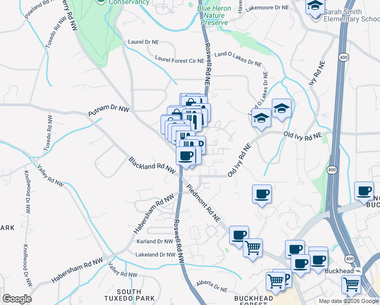 map of restaurants, bars, coffee shops, grocery stores, and more near 3714B Roswell Road Northeast in Atlanta