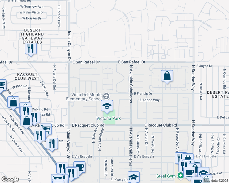 map of restaurants, bars, coffee shops, grocery stores, and more near in Palm Springs