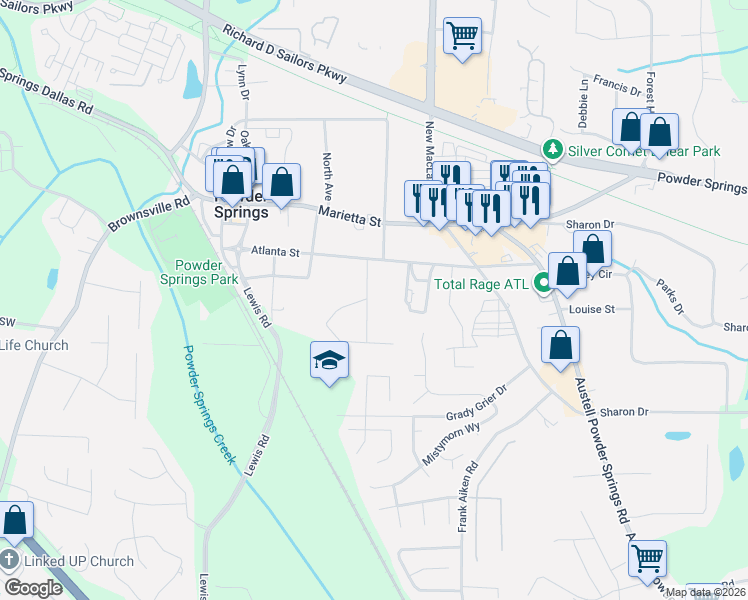map of restaurants, bars, coffee shops, grocery stores, and more near 4007 Lafayette Drive in Powder Springs