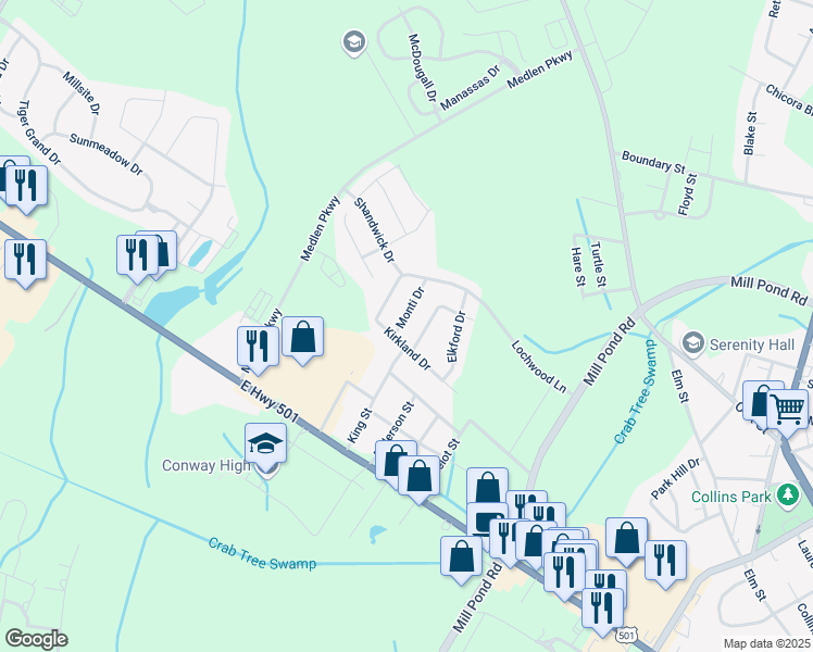 map of restaurants, bars, coffee shops, grocery stores, and more near 1104 Monti Drive in Conway