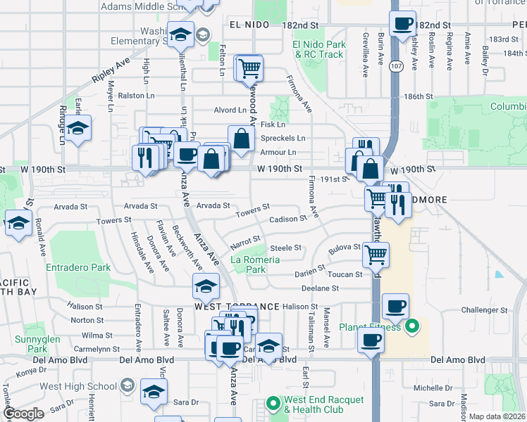 map of restaurants, bars, coffee shops, grocery stores, and more near in Torrance