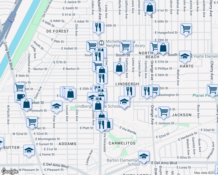 map of restaurants, bars, coffee shops, grocery stores, and more near 5496 Lime Avenue in Long Beach