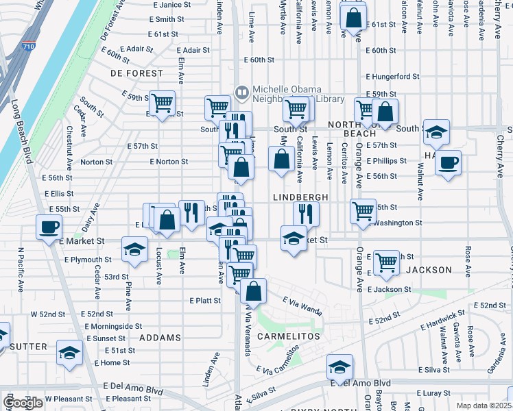 map of restaurants, bars, coffee shops, grocery stores, and more near 5496 Lime Avenue in Long Beach
