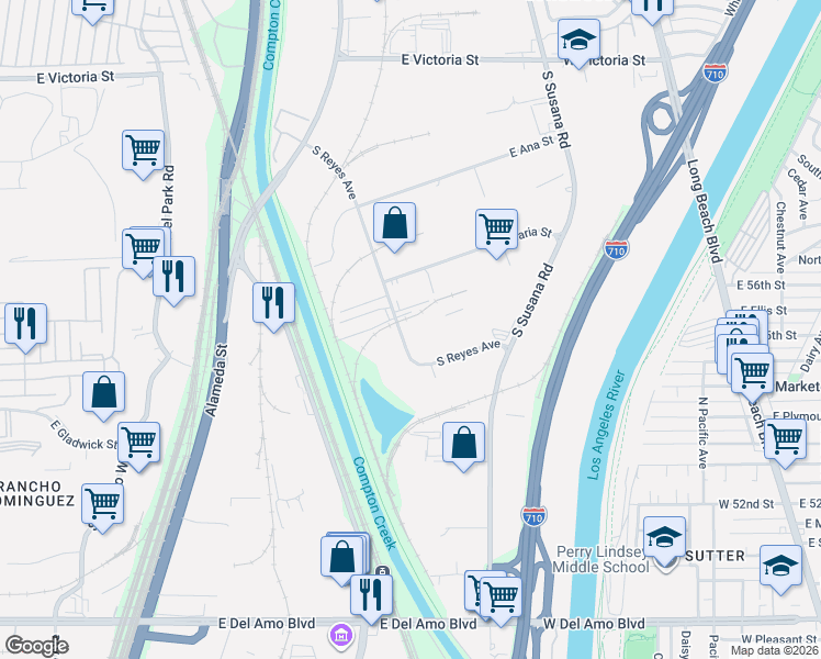 map of restaurants, bars, coffee shops, grocery stores, and more near 19070 South Reyes Avenue in Compton
