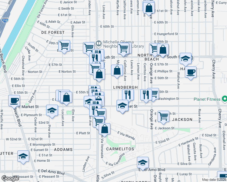 map of restaurants, bars, coffee shops, grocery stores, and more near 5508 Myrtle Avenue in Long Beach