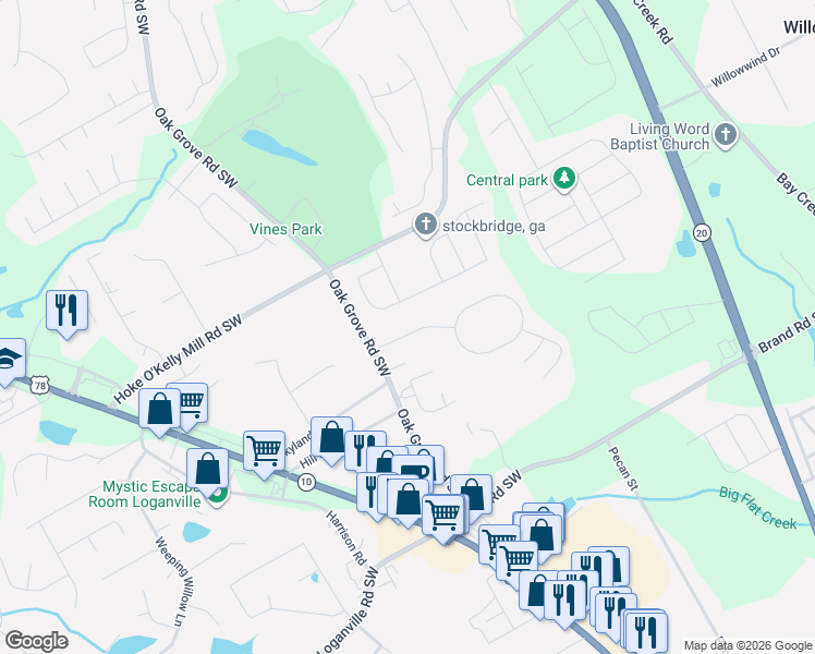 map of restaurants, bars, coffee shops, grocery stores, and more near 271 Shadowbrooke Drive in Loganville