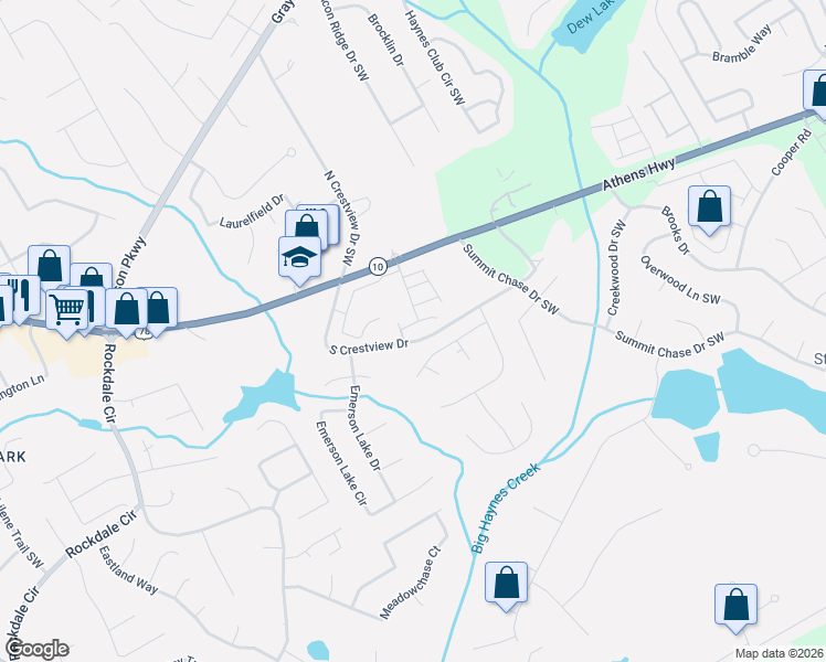 map of restaurants, bars, coffee shops, grocery stores, and more near 1642 Atlanta Highway in Grayson