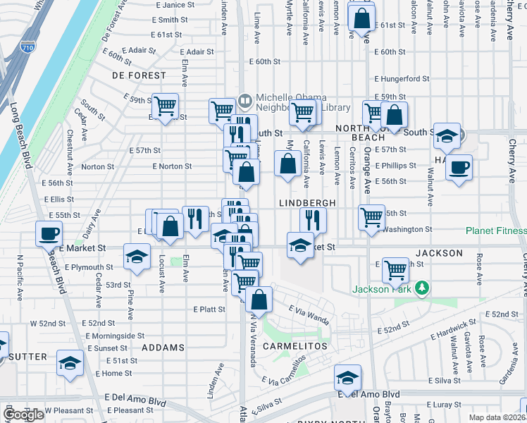 map of restaurants, bars, coffee shops, grocery stores, and more near 5496 Lime Avenue in Long Beach