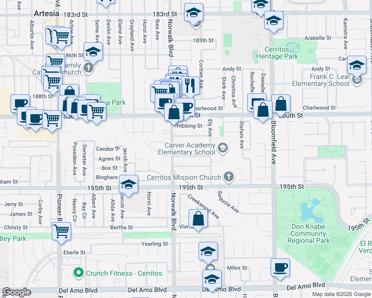 map of restaurants, bars, coffee shops, grocery stores, and more near 12235 192nd Street in Artesia