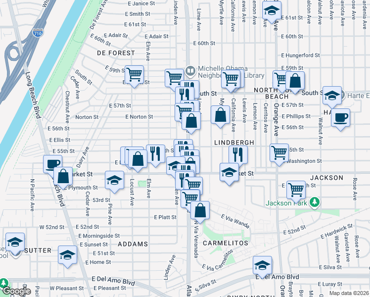 map of restaurants, bars, coffee shops, grocery stores, and more near 5493 Atlantic Avenue in Long Beach